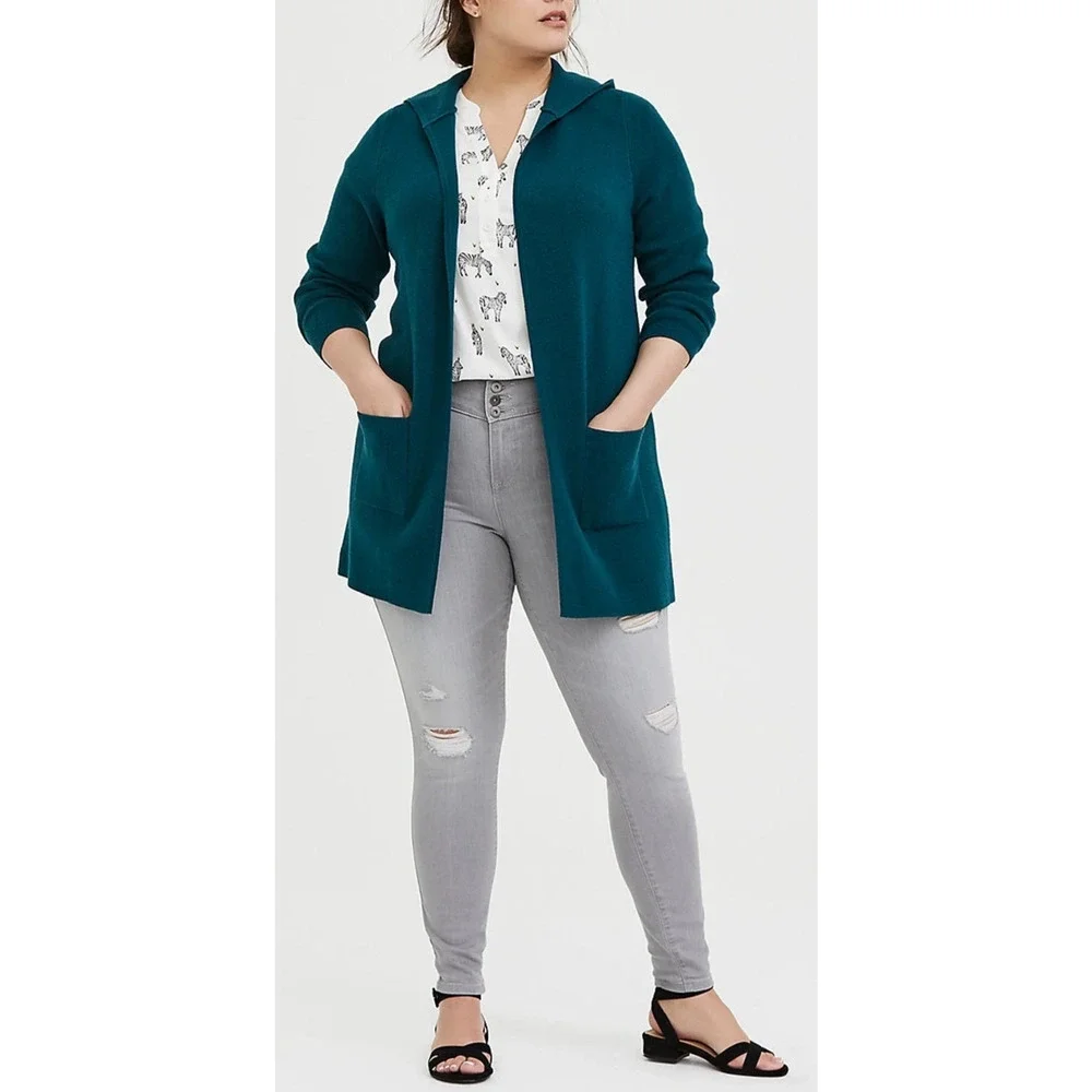 Torrid Open Front Hooded Cardigan Sweater Jacket Pockets Dark Teal Plus Size 3X - Picture 13 of 14